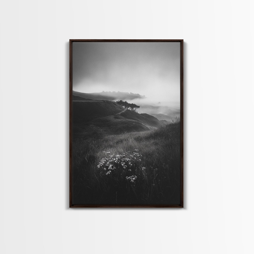 Rolling Mist Hills, Dreamy Countryside, Framed Canvas Print, Black and White Wall Art, Bedroom Calm Decor, Nature Landscape