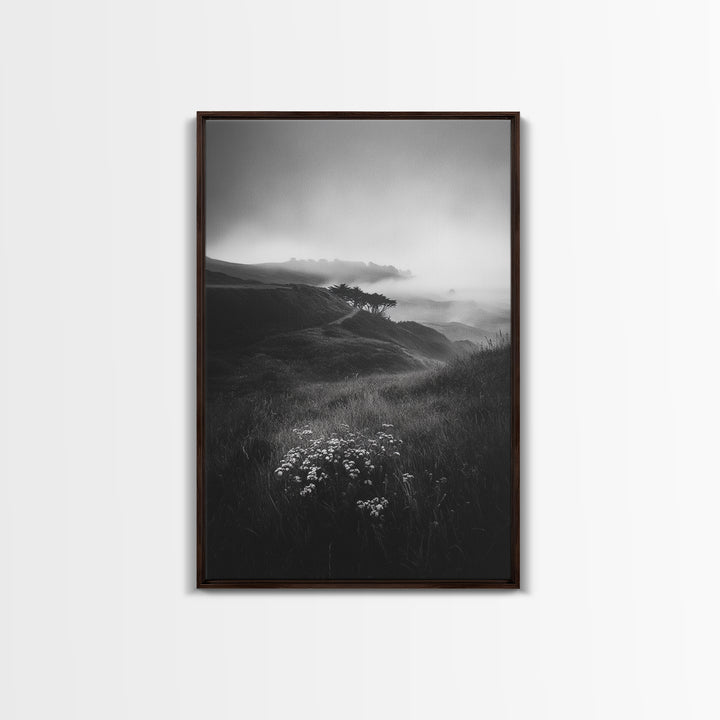 Rolling Mist Hills, Dreamy Countryside, Framed Canvas Print, Black and White Wall Art, Bedroom Calm Decor, Nature Landscape