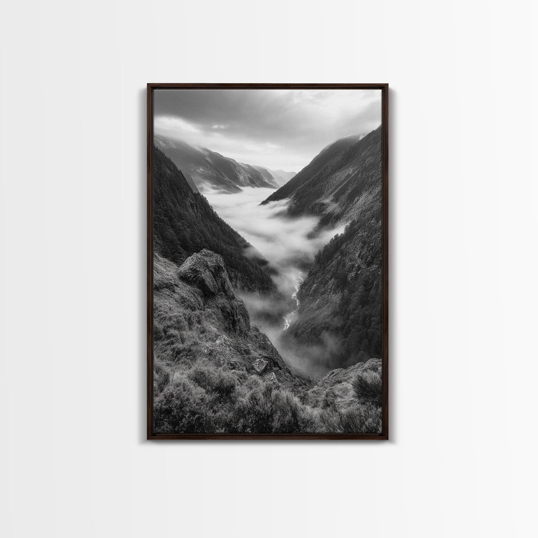 Foggy Mountain Valley, Nature Escape, Serene Wall Art, Framed Canvas Print, Adventure Photography, Cabin Autumn Decor
