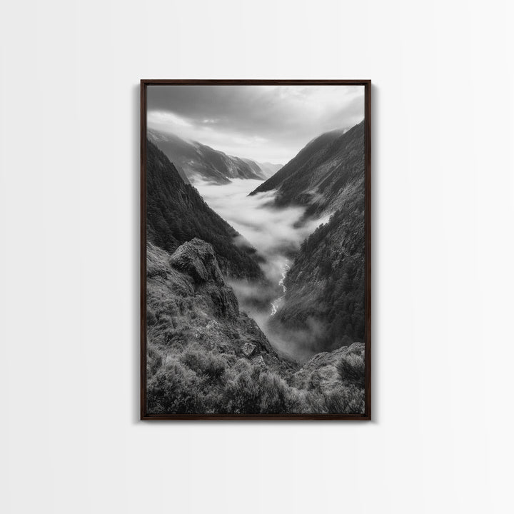 Foggy Mountain Valley, Nature Escape, Serene Wall Art, Framed Canvas Print, Adventure Photography, Cabin Autumn Decor