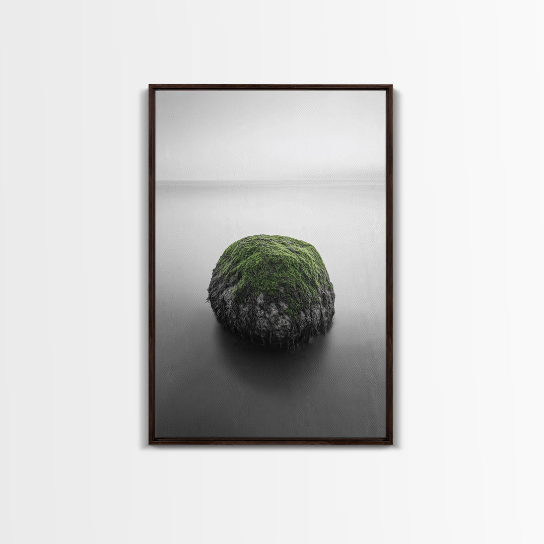 Moss Rock Minimal, Green Accent Art, Coastal Zen Decor, Framed Canvas Print, Modern Neutral Room, Nature Wall Aesthetic