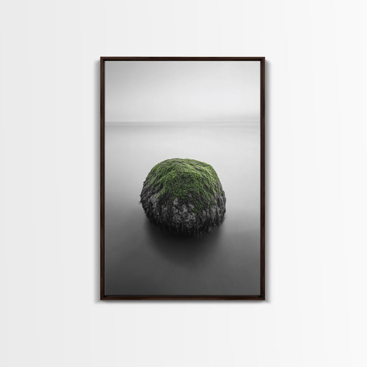 Moss Rock Minimal, Green Accent Art, Coastal Zen Decor, Framed Canvas Print, Modern Neutral Room, Nature Wall Aesthetic