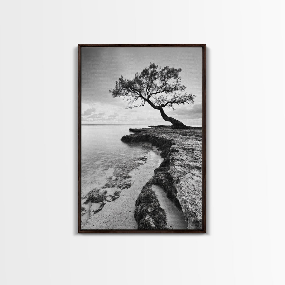Coastal Tree Silhouette, Serene Nature Art, Ocean Wall Scene, Framed Canvas Print, Beach House Decor, Minimalist Design
