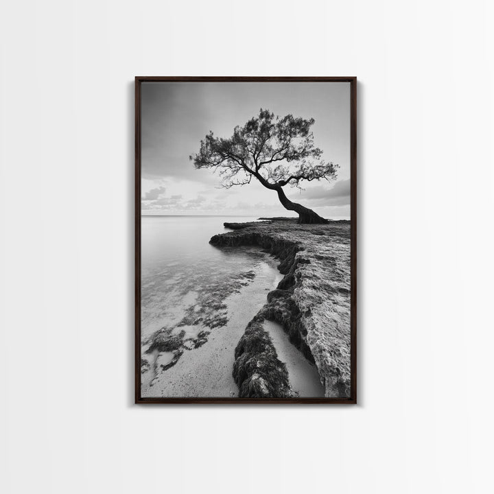 Coastal Tree Silhouette, Serene Nature Art, Ocean Wall Scene, Framed Canvas Print, Beach House Decor, Minimalist Design