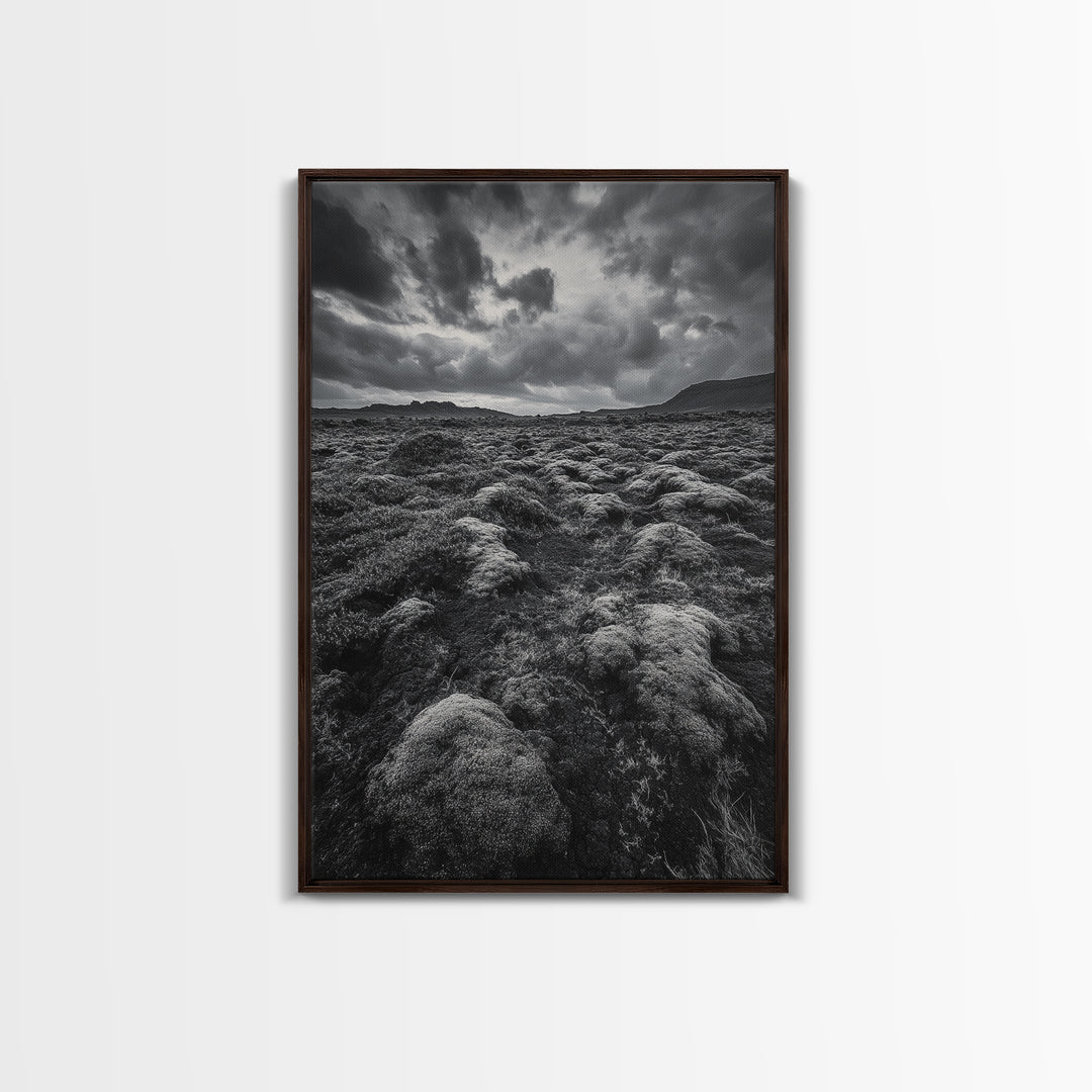 Moss Covered Lava, Iceland Landscape, Moody Nature Scene, Framed Canvas Print, Fall Rustic Decor, Earth Tone Wall Art