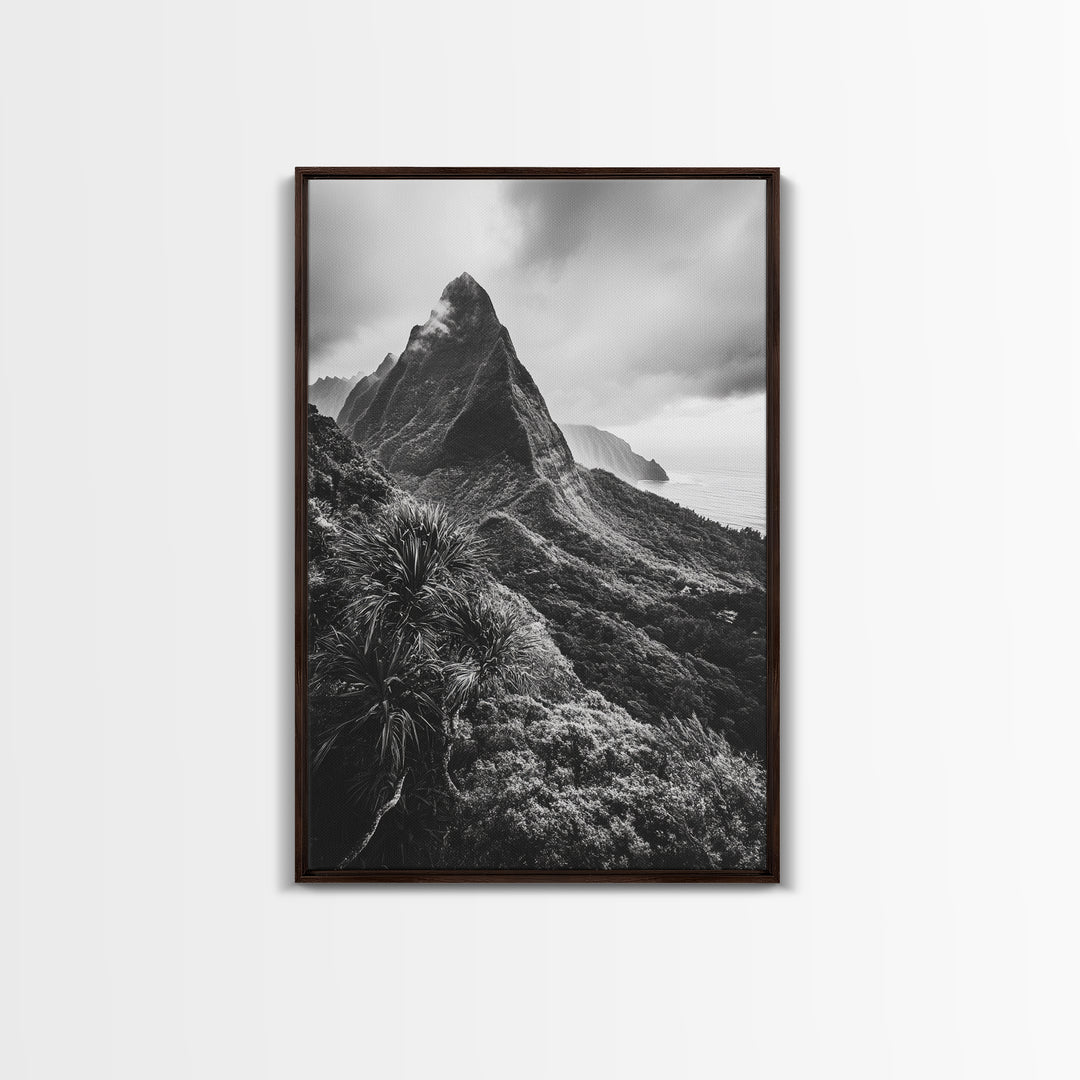 Lush Mountain Range, Cloud Covered Peaks, Jungle Tranquility, Framed Canvas Print, Entryway Wall Art, Black and White Nature, Boho Wall Art