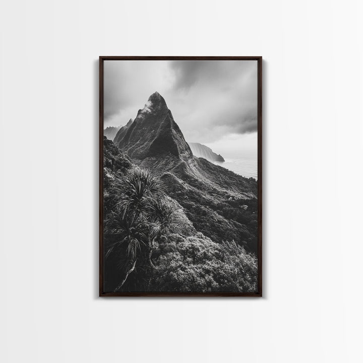 Lush Mountain Range, Cloud Covered Peaks, Jungle Tranquility, Framed Canvas Print, Entryway Wall Art, Black and White Nature, Boho Wall Art