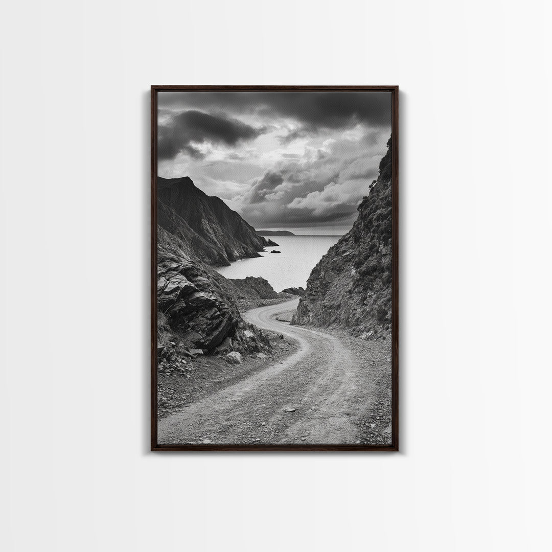 Coastal Road Curve, Rugged Cliff Path, Dramatic Seascape, Canvas Print, Office Wall Art, Monochrome Nature Art, Rustic Home Decor