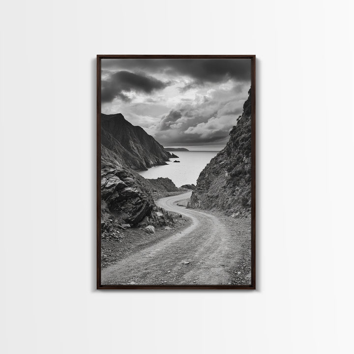 Coastal Road Curve, Rugged Cliff Path, Dramatic Seascape, Canvas Print, Office Wall Art, Monochrome Nature Art, Rustic Home Decor