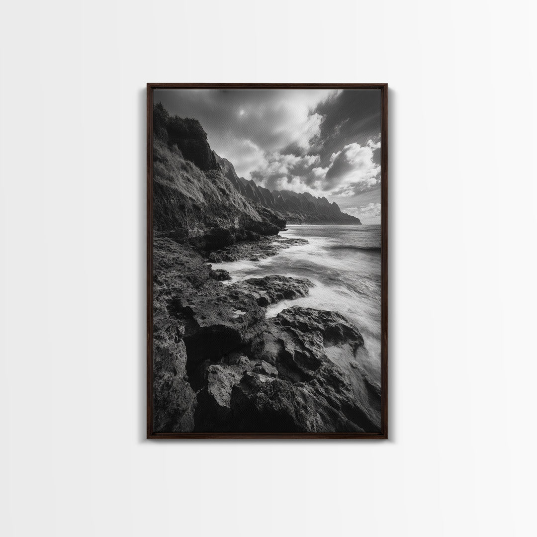 Coastal Cliffs, Ocean Horizon, Wild Waves, Framed Canvas Print, Bathroom Wall Art, Black and White Seascape, Coastal Decor, Moody Art