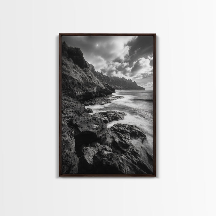 Coastal Cliffs, Ocean Horizon, Wild Waves, Framed Canvas Print, Bathroom Wall Art, Black and White Seascape, Coastal Decor, Moody Art