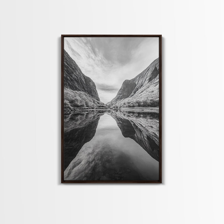 Fjord Reflection, Mountain Valley Calm, Mirror Lake, Canvas Print, Hallway Wall Art, Scandinavian Style Art, Black and White Minimalist