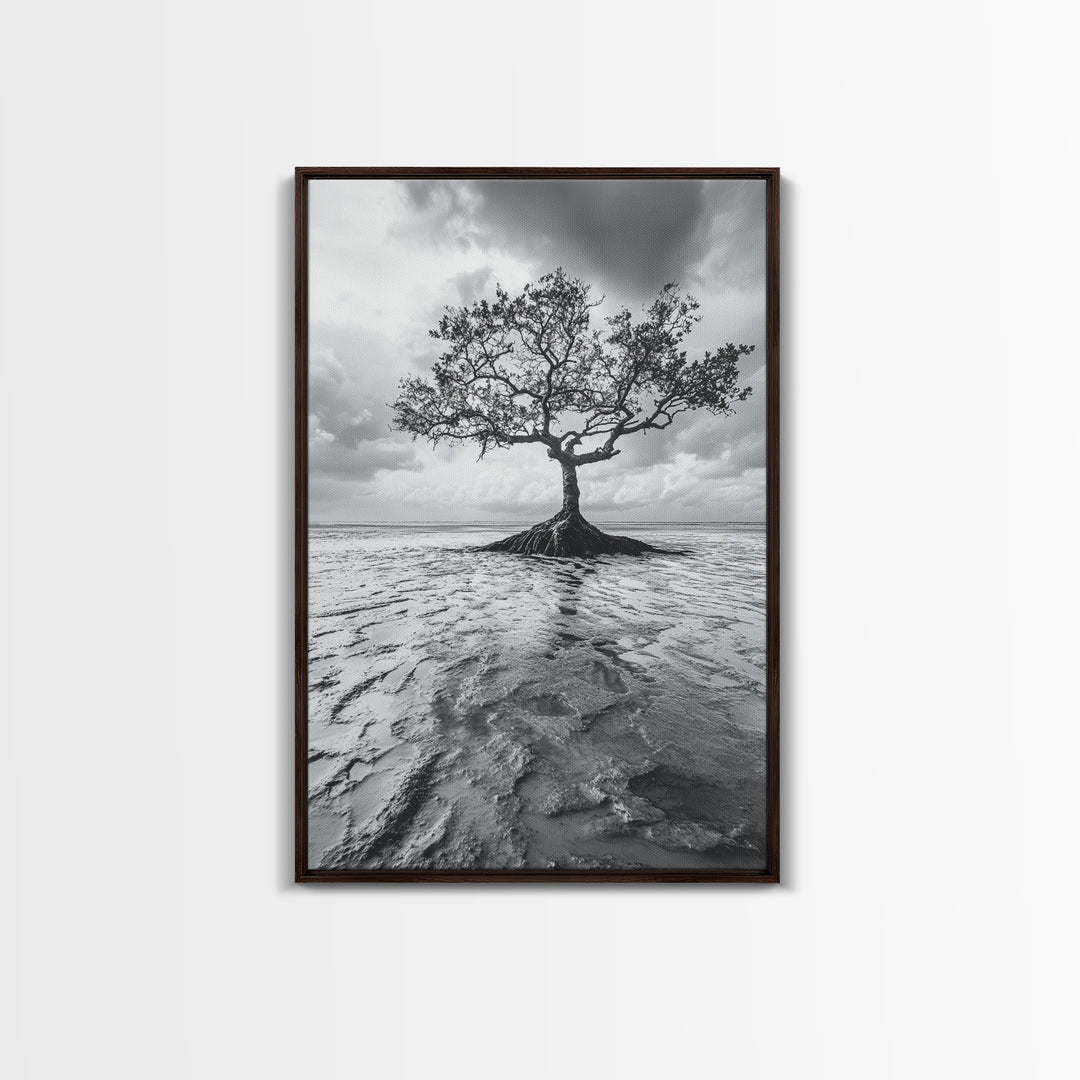 Lonely Tree, Coastal Roots, Ocean Breeze, Framed Canvas Print, Entryway Wall Art, Moody Nature Photography, Minimalist Earth Tones