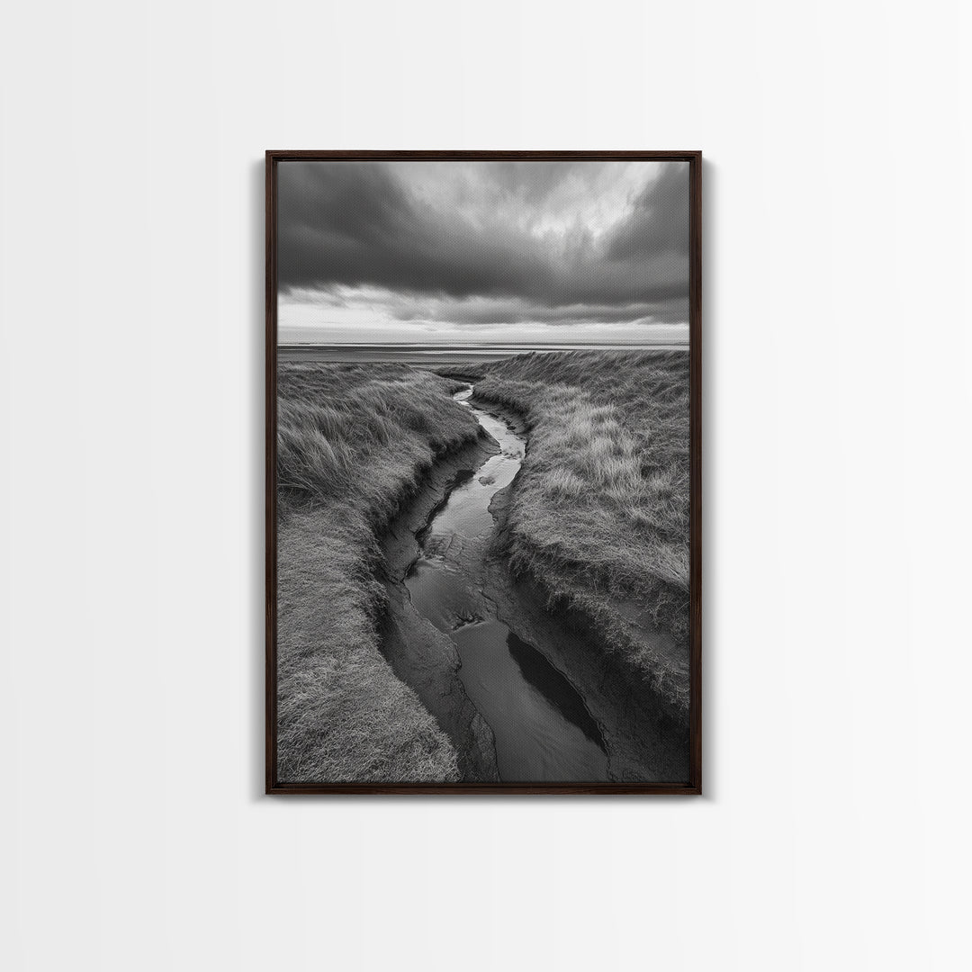 Winding Stream, Grassy Dunes, Ocean Horizon, Canvas Print, Kitchen Wall Art, Black and White Nature Scene, Coastal Rustic Decor