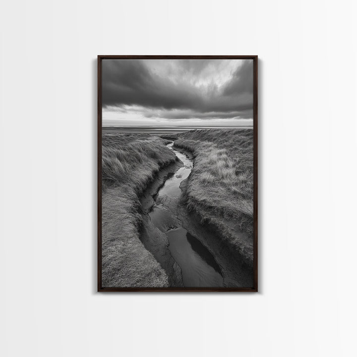 Winding Stream, Grassy Dunes, Ocean Horizon, Canvas Print, Kitchen Wall Art, Black and White Nature Scene, Coastal Rustic Decor