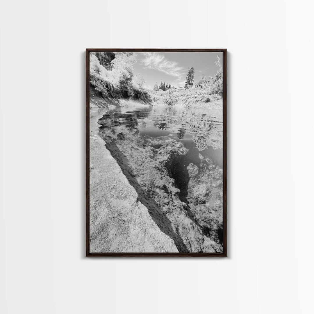 Reflective Riverbed, Nature Tranquility, Monochrome Landscape, Canvas Print, Bathroom Wall Art, Zen Decor, Fine Art Photography