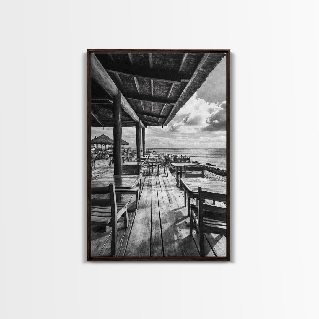 Seaside Café, Coastal Patio, Ocean View, Canvas Print, Rustic Kitchen Wall Art, Tropical Dining Decor, Travel Lifestyle Art