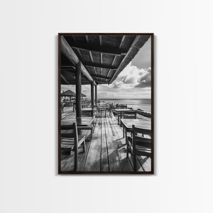 Seaside Café, Coastal Patio, Ocean View, Canvas Print, Rustic Kitchen Wall Art, Tropical Dining Decor, Travel Lifestyle Art