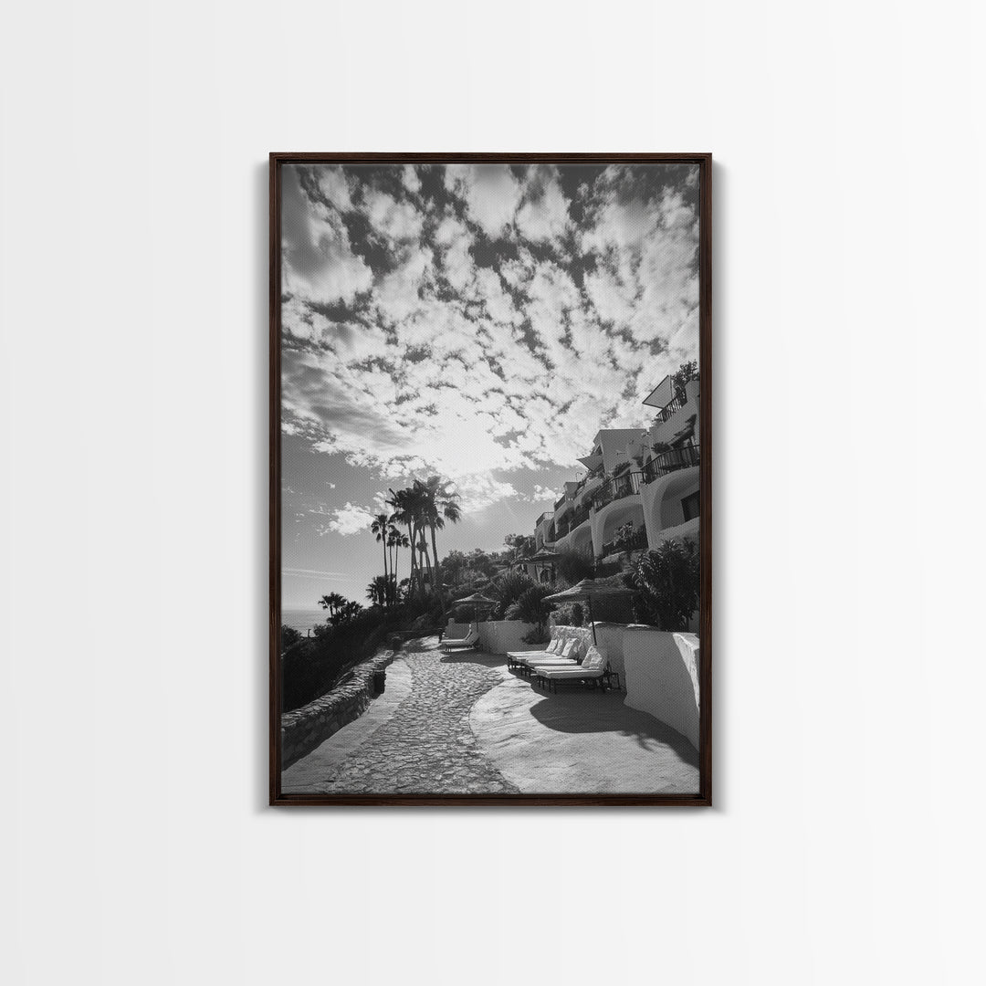 Mediterranean Villa, Palm Tree Art, Coastal Pathway, Framed Canvas Print, Living Room Decor, Summer Wall Art, Black and White Photography