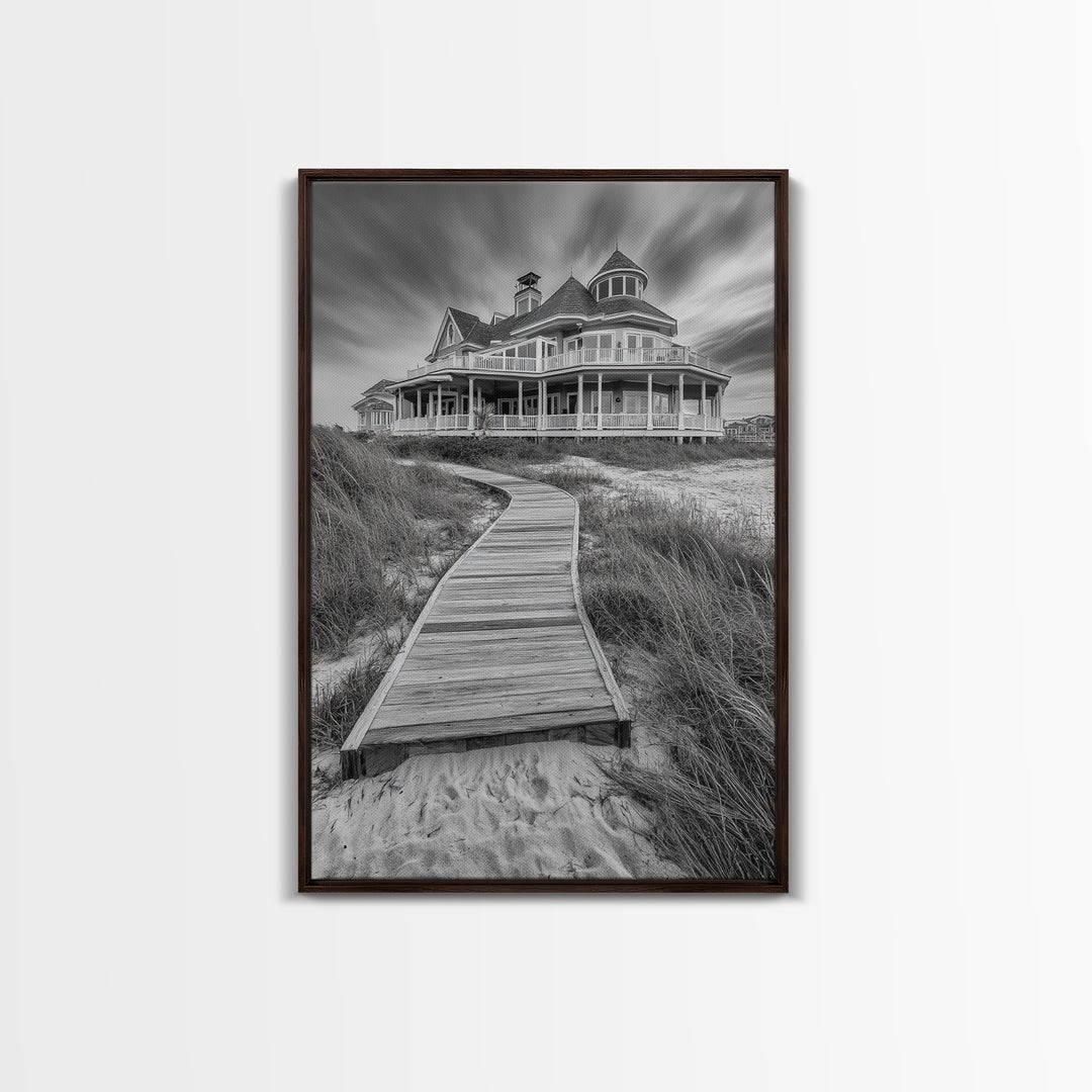 Beach House, Boardwalk Path, Coastal Architecture, Framed Canvas Print, Hallway Wall Art, Neutral Tones, Minimalist Coastal Style