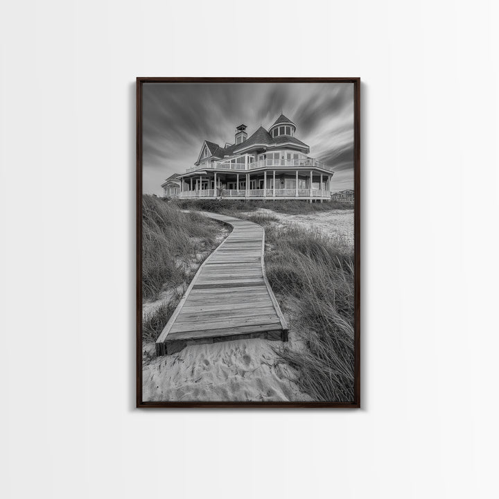 Beach House, Boardwalk Path, Coastal Architecture, Framed Canvas Print, Hallway Wall Art, Neutral Tones, Minimalist Coastal Style