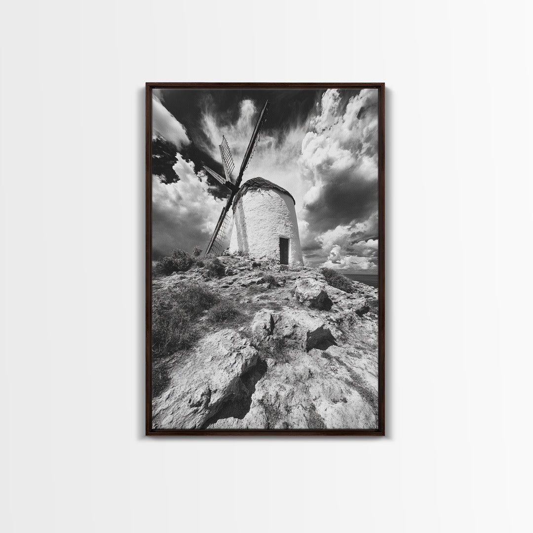 Windmill Hill, Dramatic Sky Art, European Landscape, Framed Canvas Print, Entryway Wall Art, Rustic Decor, Monochrome Photography