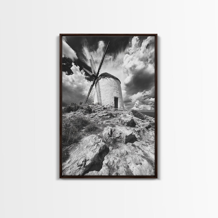 Windmill Hill, Dramatic Sky Art, European Landscape, Framed Canvas Print, Entryway Wall Art, Rustic Decor, Monochrome Photography