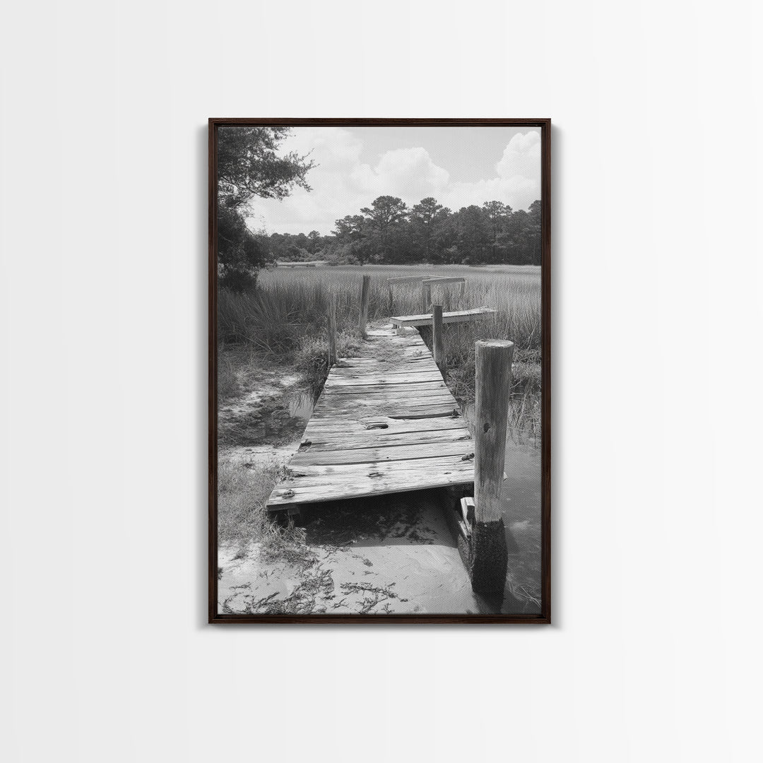 Marsh Dock, Southern Nature, Weathered Pier, Framed Canvas Print, Guest Room Wall Art, Rural Landscape, Fall Wall Art, Country Style