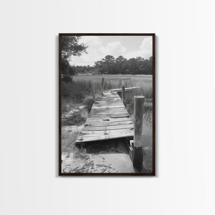 Marsh Dock, Southern Nature, Weathered Pier, Framed Canvas Print, Guest Room Wall Art, Rural Landscape, Fall Wall Art, Country Style