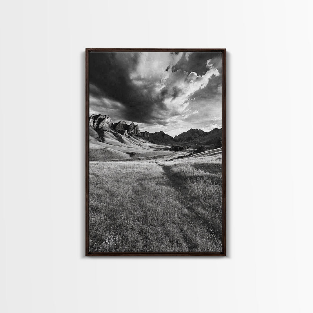 Mountain Valley, Stormy Sky, Western Landscape, Framed Canvas Print, Office Wall Art, Moody Nature Decor, Fall Art, Wilderness Style