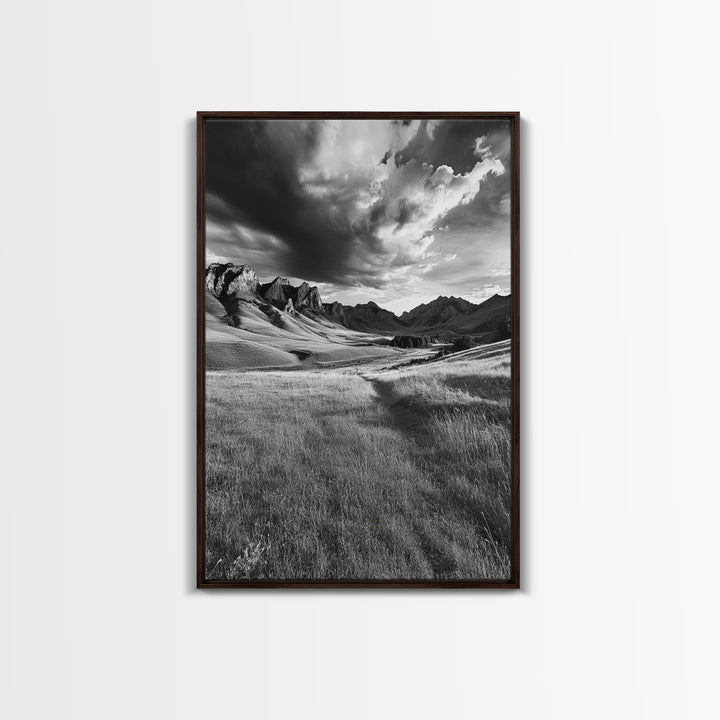 Mountain Valley, Stormy Sky, Western Landscape, Framed Canvas Print, Office Wall Art, Moody Nature Decor, Fall Art, Wilderness Style