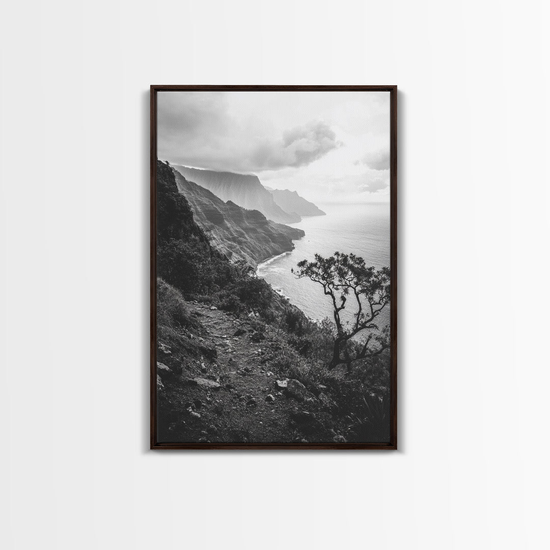 Coastal Cliff, Ocean Horizon, Hiking Trail, Framed Canvas Print, Nature Photography, Boho Wall Art, Living Room Decor, Minimalist Earth Tones