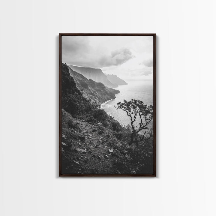 Coastal Cliff, Ocean Horizon, Hiking Trail, Framed Canvas Print, Nature Photography, Boho Wall Art, Living Room Decor, Minimalist Earth Tones