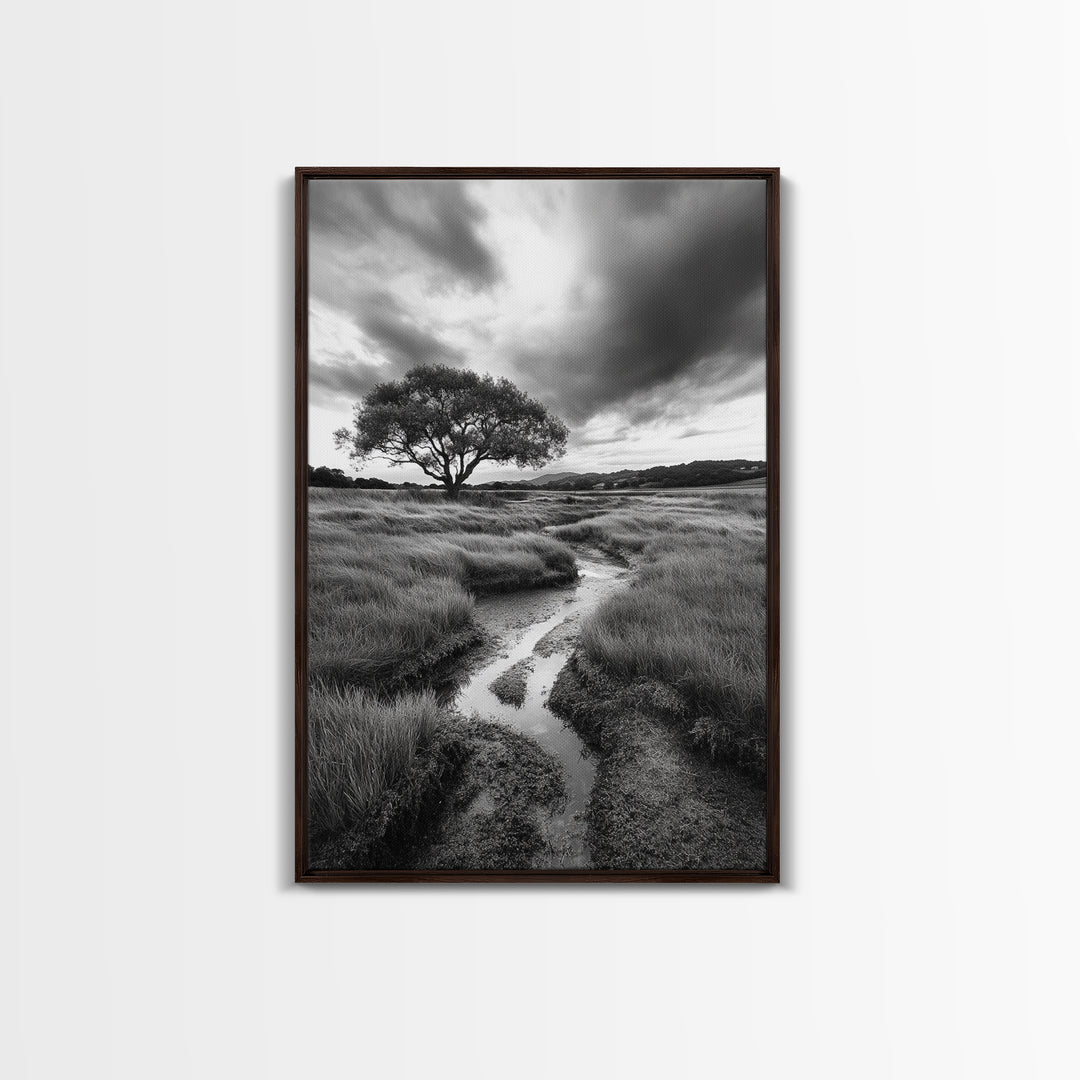 Solitary Tree, Storm Sky, Tranquil Meadow, Nature Landscape, Framed Canvas Print, Rustic Decor, Fall Wall Art, Bedroom Minimalist Art