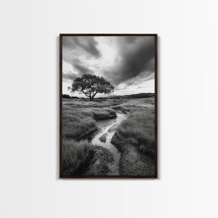 Solitary Tree, Storm Sky, Tranquil Meadow, Nature Landscape, Framed Canvas Print, Rustic Decor, Fall Wall Art, Bedroom Minimalist Art