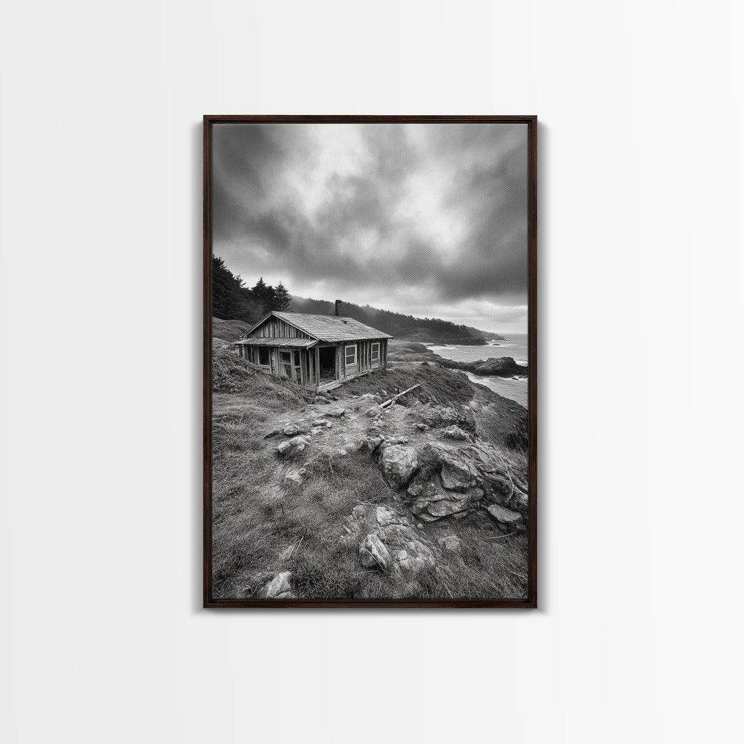 Abandoned Cabin, Coastal Cliff, Moody Landscape, Autumn Wall Art, Framed Canvas Print, Living Room Rustic Art, Farmhouse Aesthetic