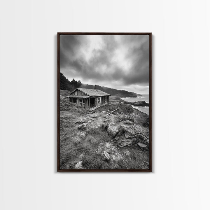 Abandoned Cabin, Coastal Cliff, Moody Landscape, Autumn Wall Art, Framed Canvas Print, Living Room Rustic Art, Farmhouse Aesthetic