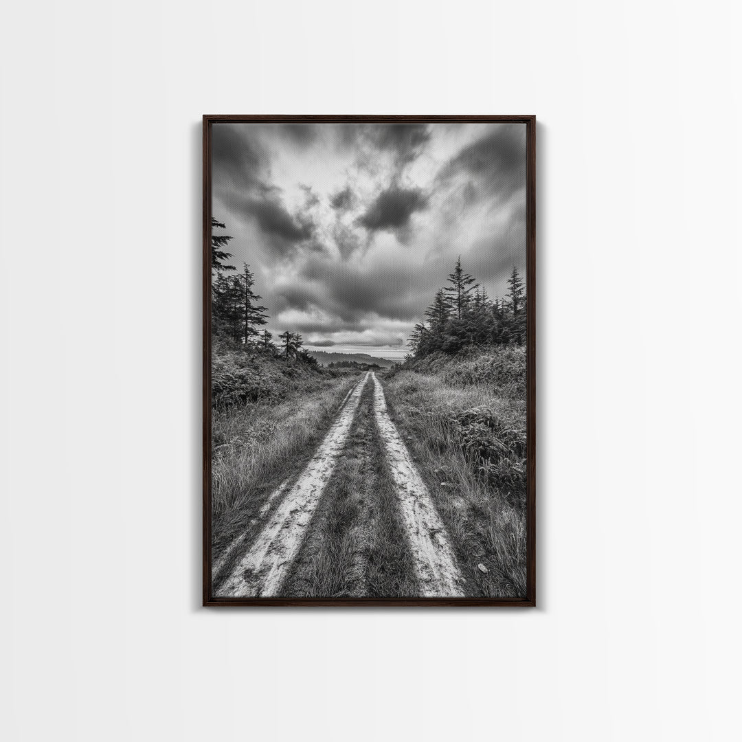 Forest Trail, Overcast Sky, Nature Pathway, Moody Landscape, Framed Canvas Print, Office Wall Art, Woodland Autumn Decor