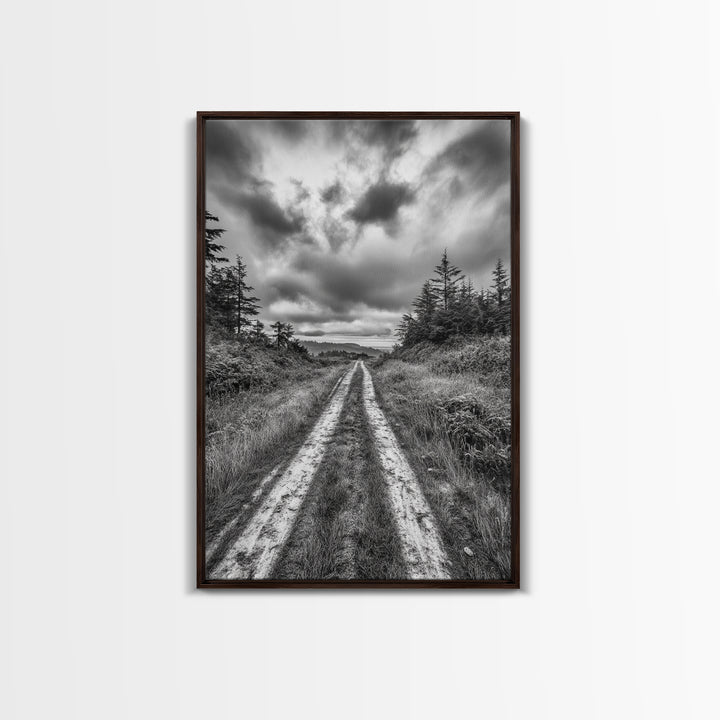 Forest Trail, Overcast Sky, Nature Pathway, Moody Landscape, Framed Canvas Print, Office Wall Art, Woodland Autumn Decor
