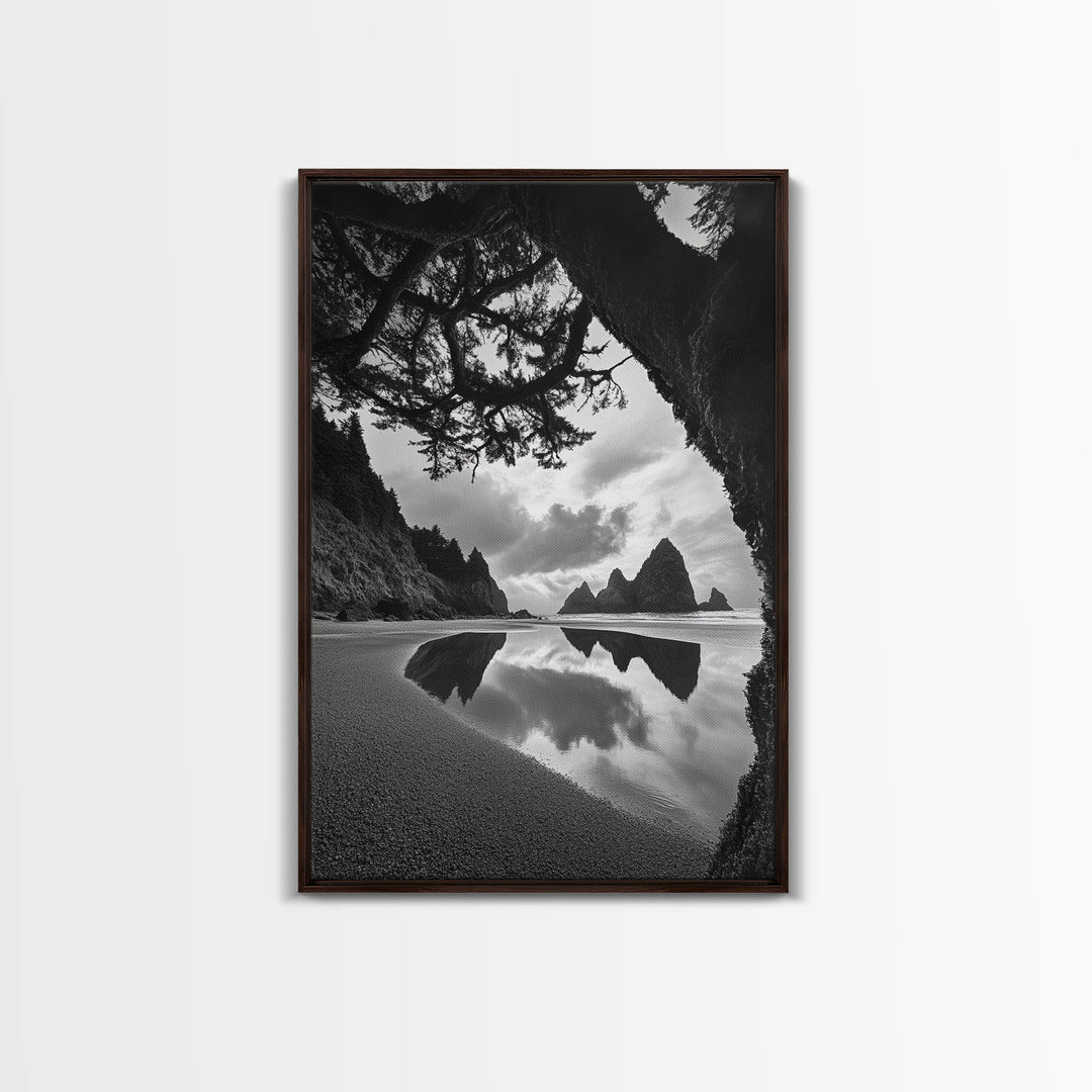 Sea Stacks, Reflected Sky, Dramatic Coastline, Beach Landscape, Canvas Print, Living Room Wall Art, Nature Coastal Decor, moody ocean print