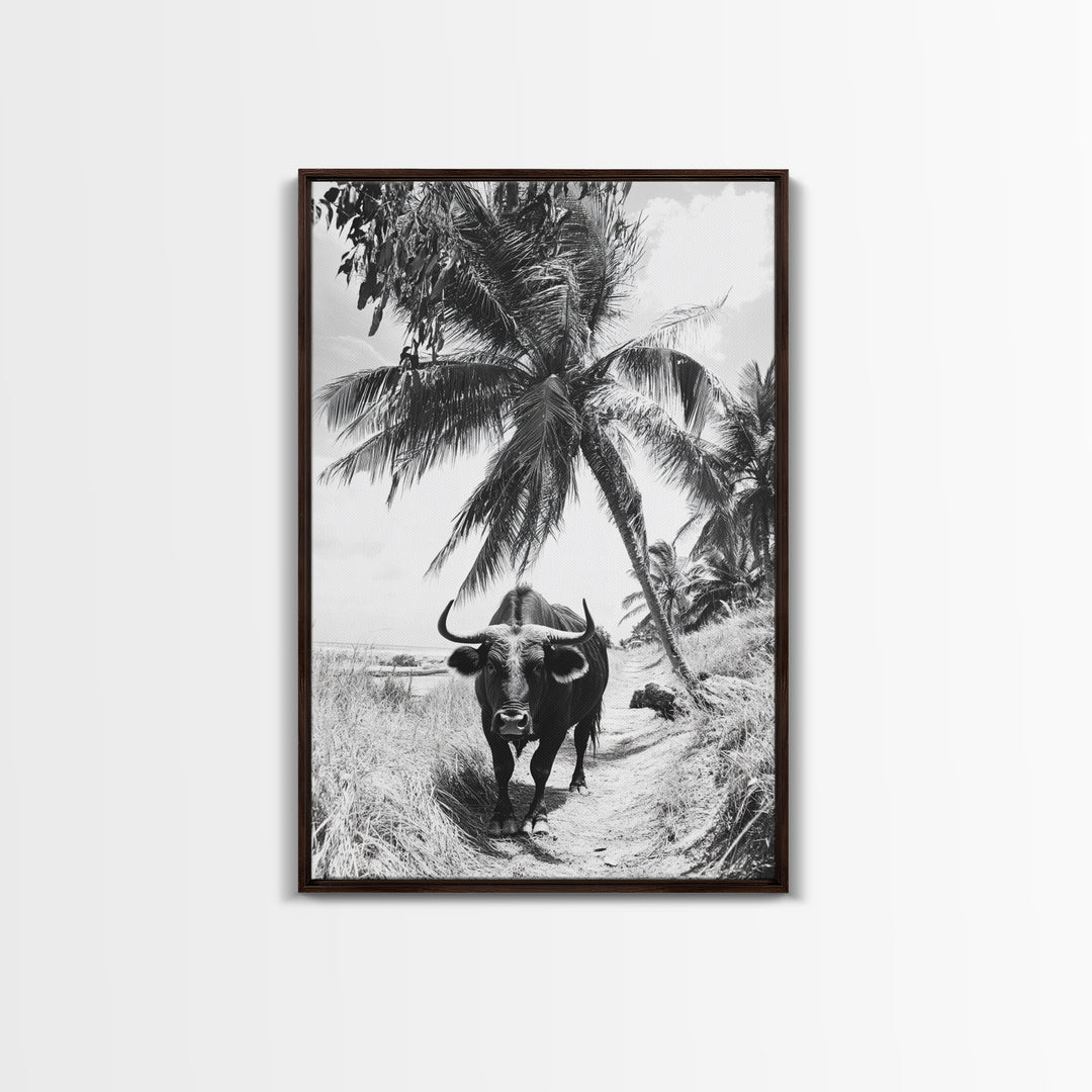 Tropical Bull, Palm Tree, Island Wildlife, Rural Photography, Framed Canvas Print, Kitchen Wall Art, Exotic Boho Decor, farmhouse decor