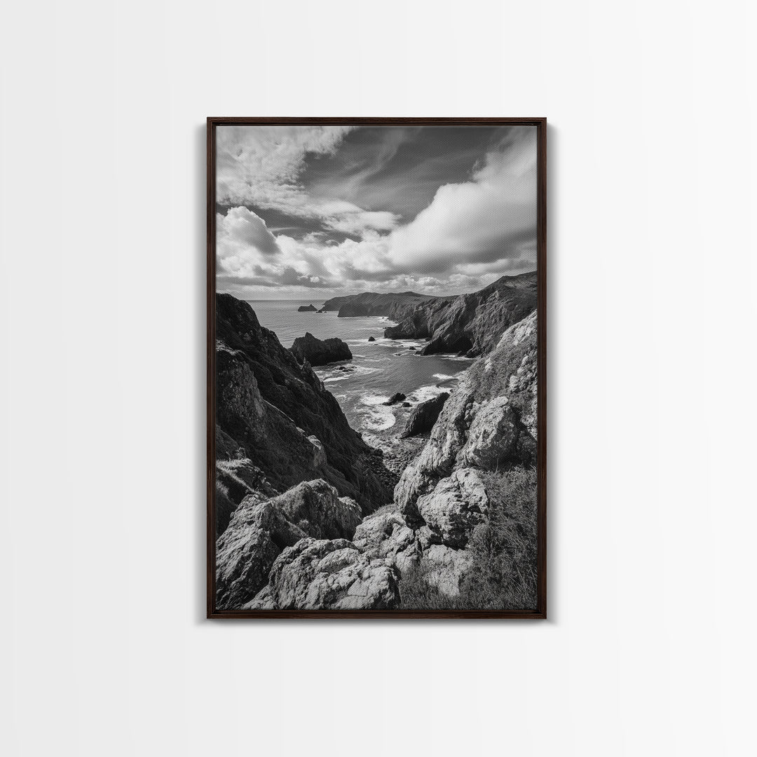 Rugged Cliffs, Ocean View, Coastal Escape, Framed Canvas Print, black and white coastal art, beach house wall decor, moody ocean print