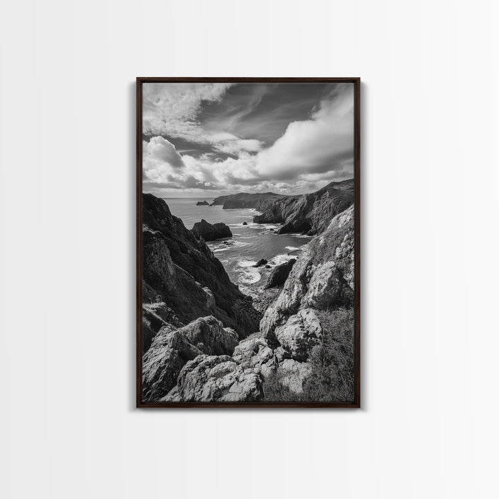 Rugged Cliffs, Ocean View, Coastal Escape, Framed Canvas Print, black and white coastal art, beach house wall decor, moody ocean print