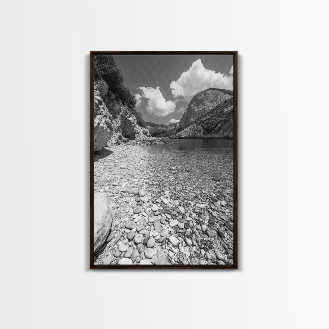 Rocky Beach, Crystal Water, Mountain Backdrop, Framed Canvas Print, tranquil lake art, minimalist decor, natural wall art