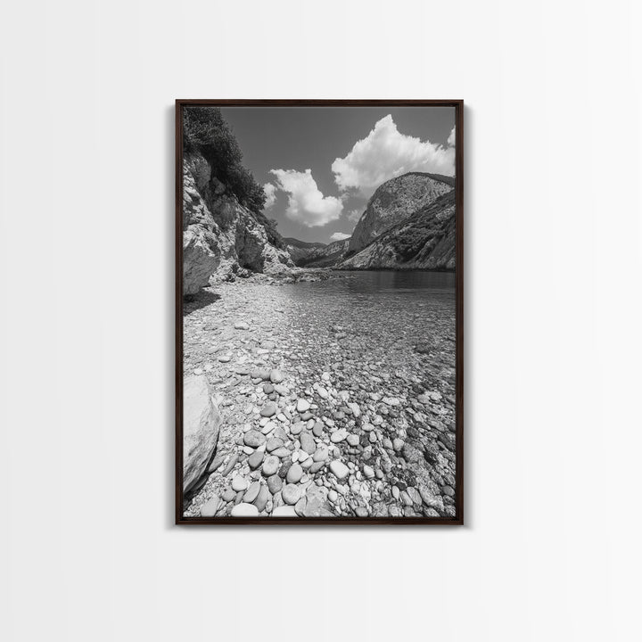Rocky Beach, Crystal Water, Mountain Backdrop, Framed Canvas Print, tranquil lake art, minimalist decor, natural wall art