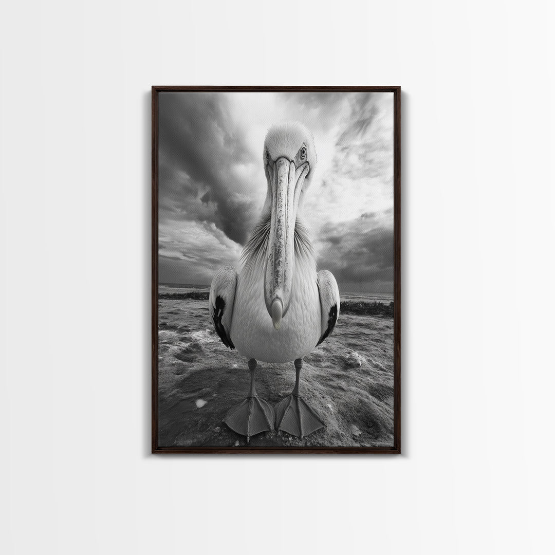 Bold Pelican, Coastal Storm, Bird Portrait, Canvas Print, wildlife wall art, beach house decor, dramatic black and white animal art