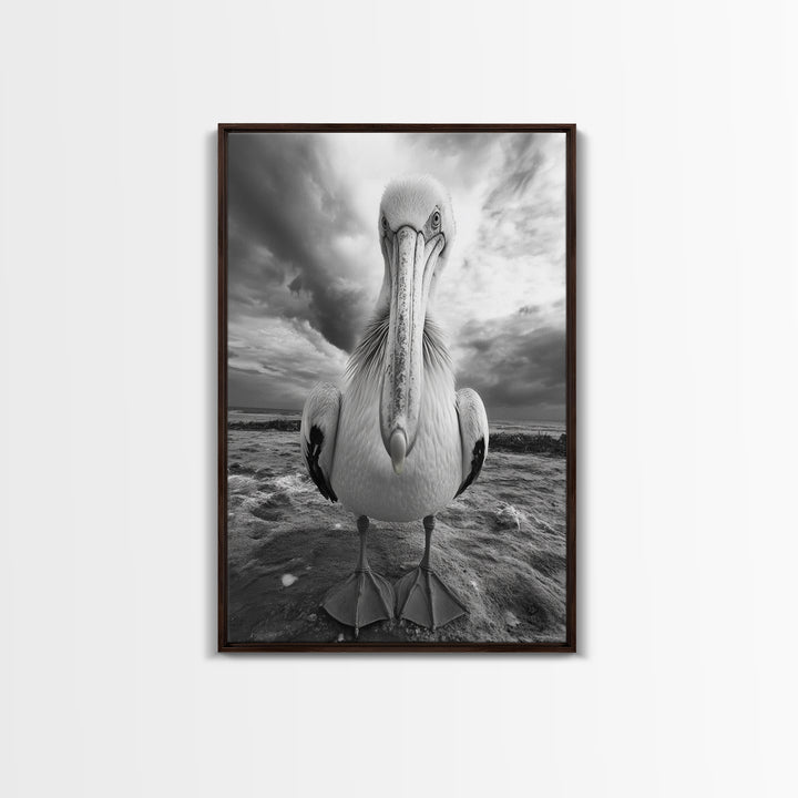 Bold Pelican, Coastal Storm, Bird Portrait, Canvas Print, wildlife wall art, beach house decor, dramatic black and white animal art