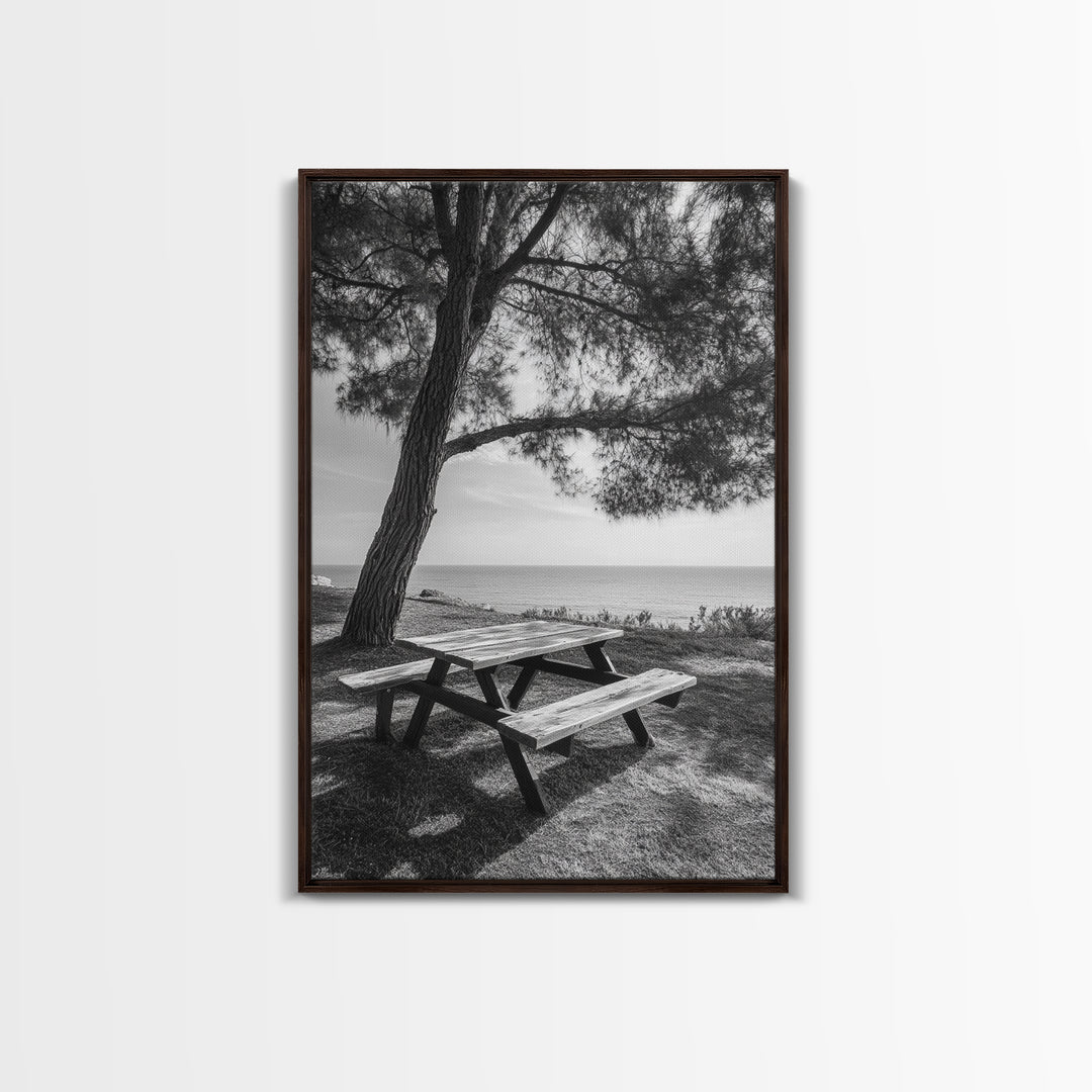 Seaside Bench, Peaceful Escape, Shaded Picnic, Canvas Print, nature photography, coastal wall art, relaxing ocean decor, Minimalist Decor