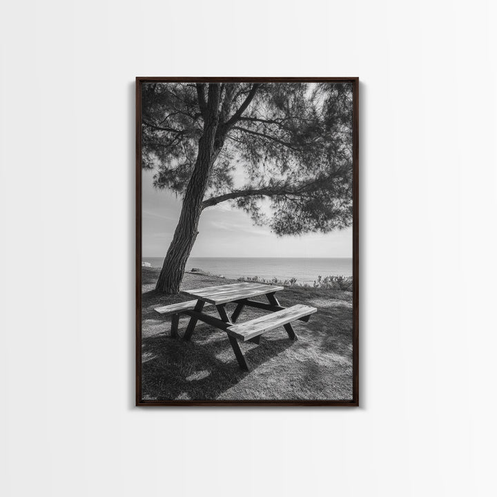 Seaside Bench, Peaceful Escape, Shaded Picnic, Canvas Print, nature photography, coastal wall art, relaxing ocean decor, Minimalist Decor