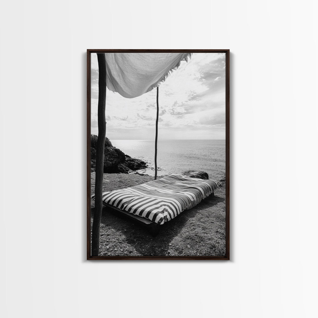 Seaside Nap, Minimal Daybed, Coastal Shade, Serene Moment, Canvas Print, Beach Bedroom Decor, Boho Seaside Art, Coastal Wall Style